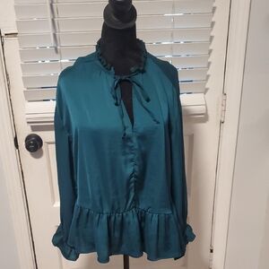 Umgee Green Ruffle Tie-Neck Blouse
